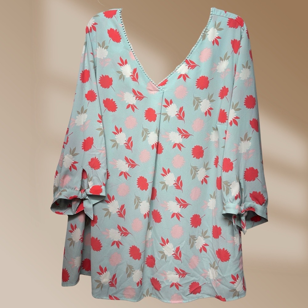 Catherine's Womens Blue Floral Blouse Tie Sleeve Accents Sz 2XL 22/24W
